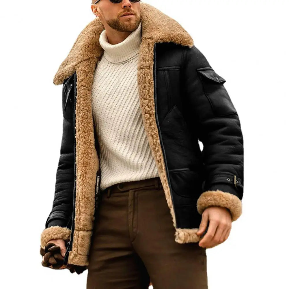 Faux Fur Faux Leather Men Jacket Thickened Plush Lining Winter Men Jackets Vintage Lapel Furry Coldproof Keep Warm Winter Coat