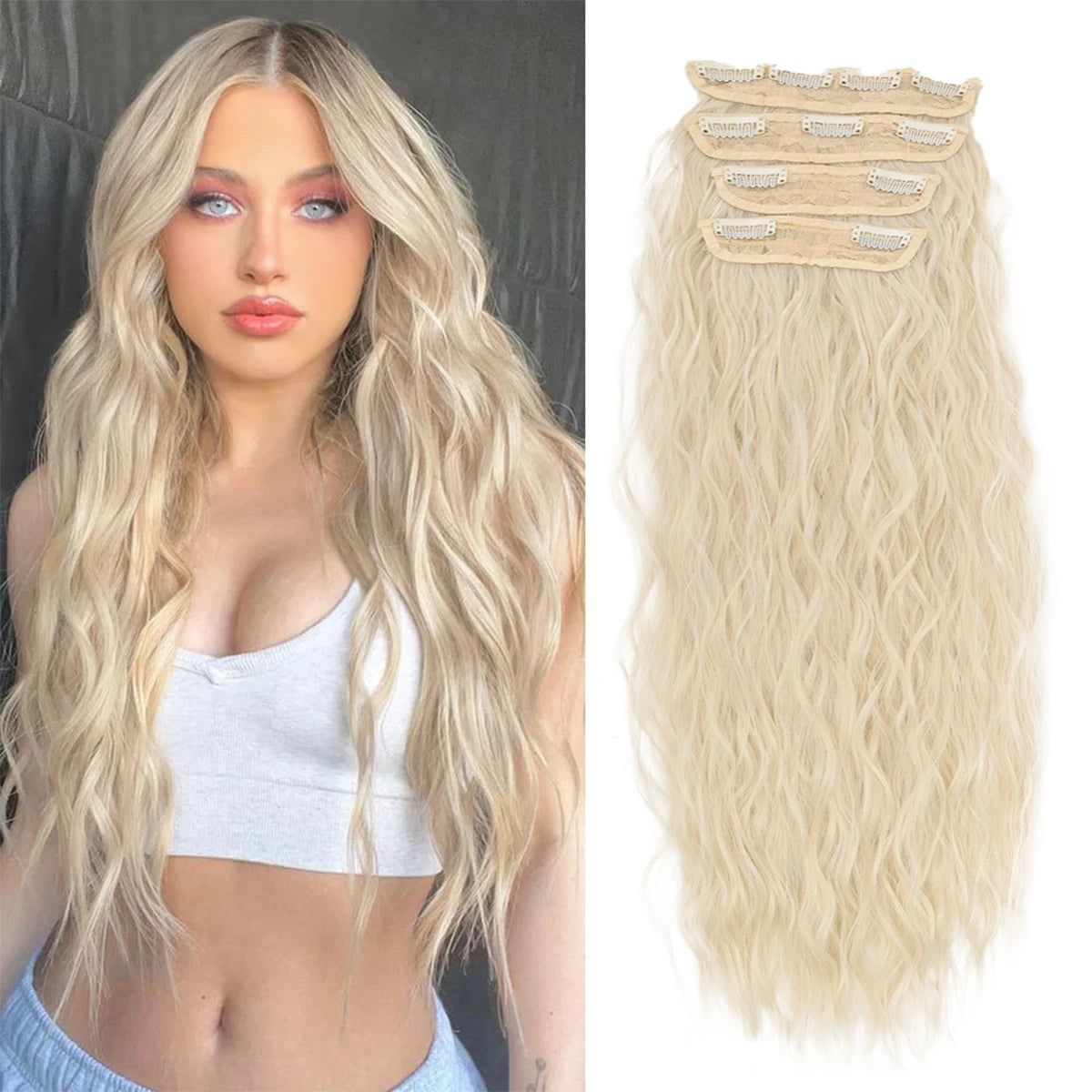 Natural Long Wavy Synthetic Hair Extension 18-32 inches Black 4pcs Hairpiece Fiber Double Weft Hair For Women Hair Accessories