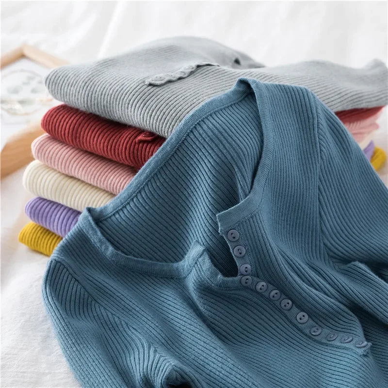 Korea Autumn Winter Button V Neck Sweater Women Basic Slim Pullover Women Sweaters And Pullovers Knit Jumper Soft Warm Tops