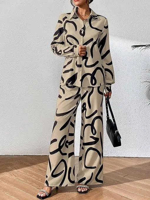 Women Clothing  Autumn New Fashion Print Set Casual Button Collar Shirt Long Sleeved Wide Leg Pants Long Pants Two-piece Set