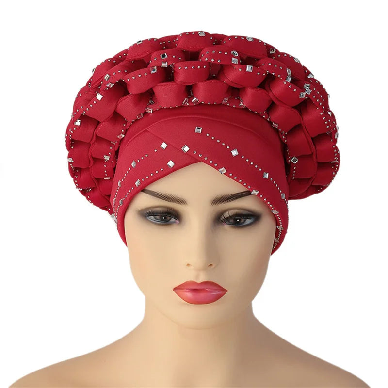 Rhinestone Auto Gele Headwrap – Sparkling African Elegance