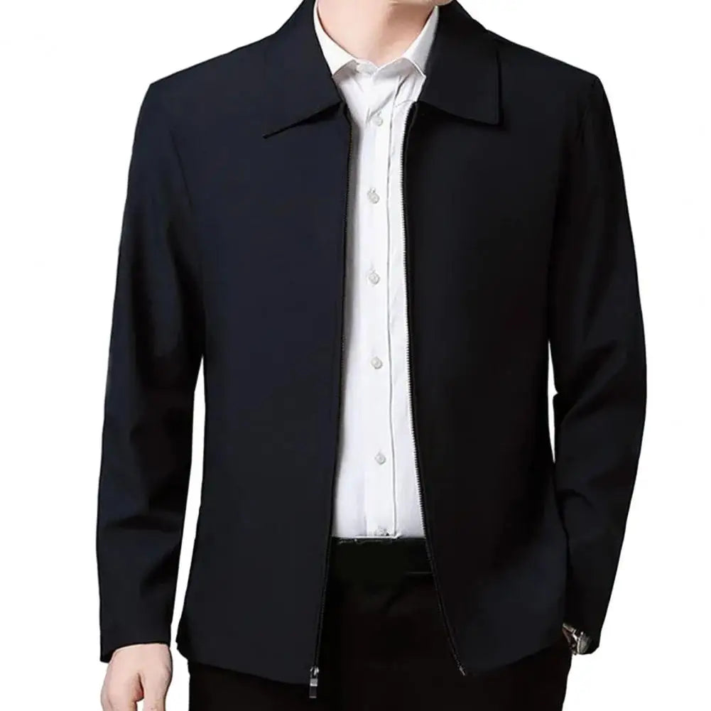 Men Jacket Elegant Mid-aged Men's Lapel Jacket with Zipper Closure Pockets for Formal Business Casual Wear in Spring Fall Solid