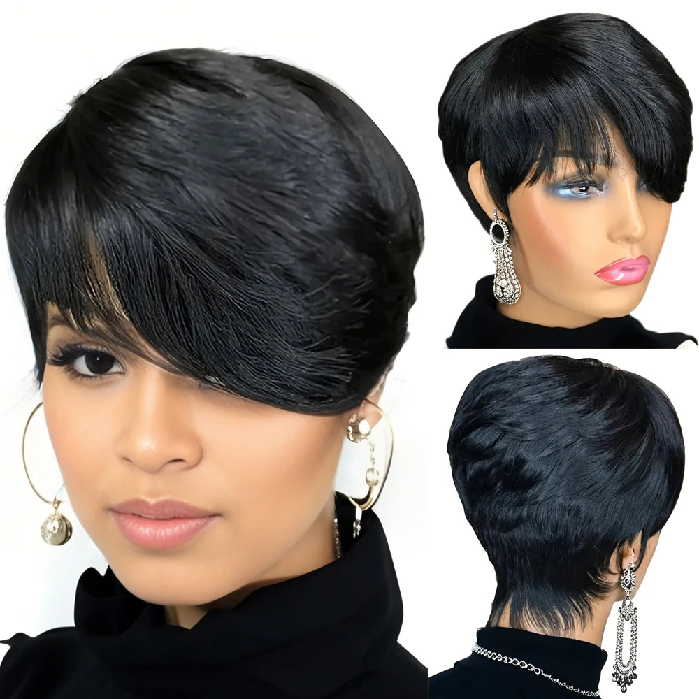 Pixie Cut Wigs Short Human Hair Wigs with Bangs Short Layered Full Machine Made Wig Natural Black Color for Women