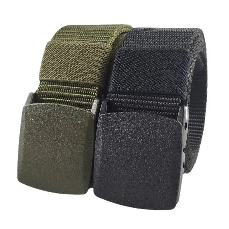 Ceintures en nylon à boucle automatique pour femmes, en toile, pour voyage en plein air, pantalons de sport haut de gamme, ceintures non métalliques pour hommes, blanc, noir, bleu, rouge