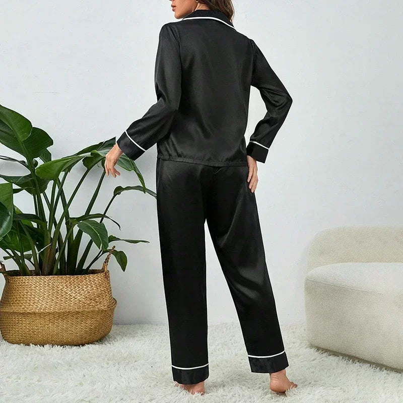 Conjunto de Pijama de Seda para Mujer de Primavera Otoño, Ropa de Dormir Casual Suave, Top y Pantalones, Cierre de Botones Sólidos, Ropa de Casa