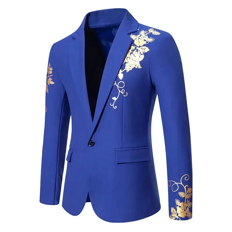 New Men Business Social Suit Loose Jacket Black / White / Royal Blue Fashion Male Wedding Prom Party Rose Printed Blazers