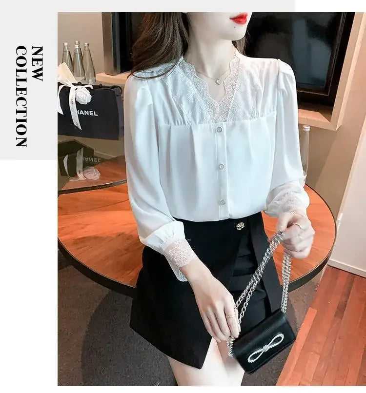 Women's Clothing White Chiffon Blouse Spring New V-Neck Lace Detail High-End Unique Design Feminine Layering Top