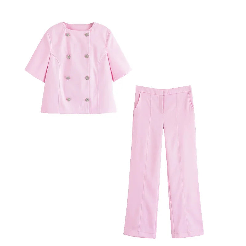 HipSeam High Waisted Pants Sets Women Summer Short Sleeve Double Breasted Blazer Pocket Trousers Women Outfit