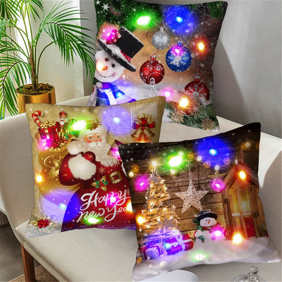 Funda de cojín navideña LED – Diseño de Papá Noel y brillo festivo