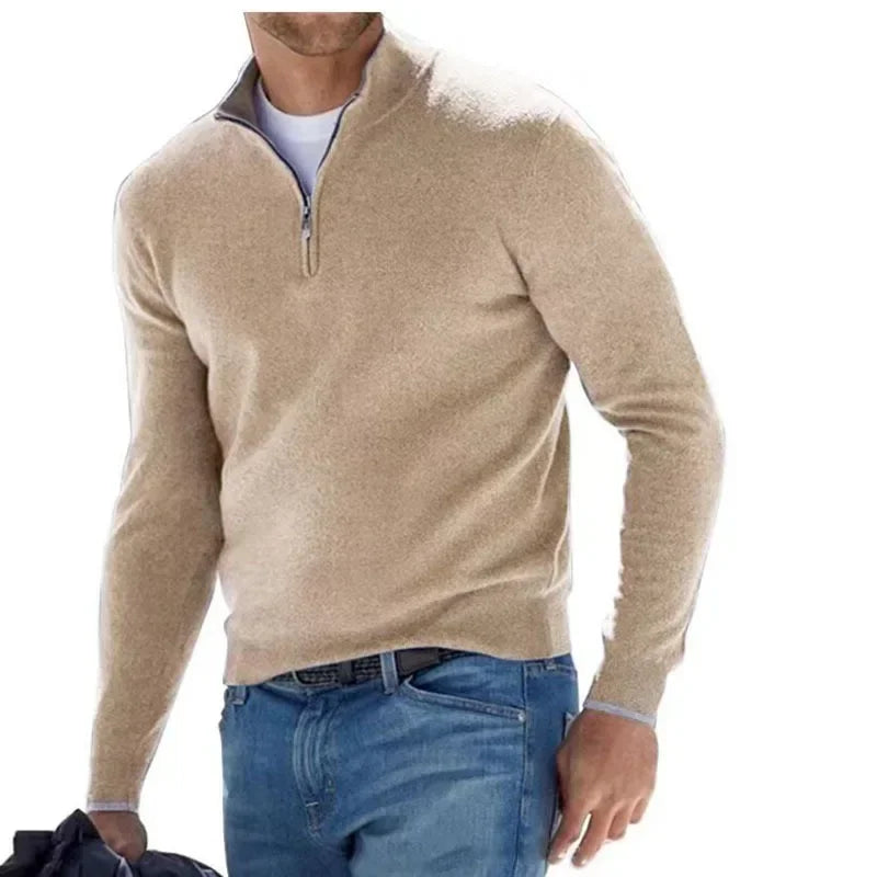 New Autumn Long-sleeved V-neck Zipper Men's Sweater Casual Top Male Polo Shirt