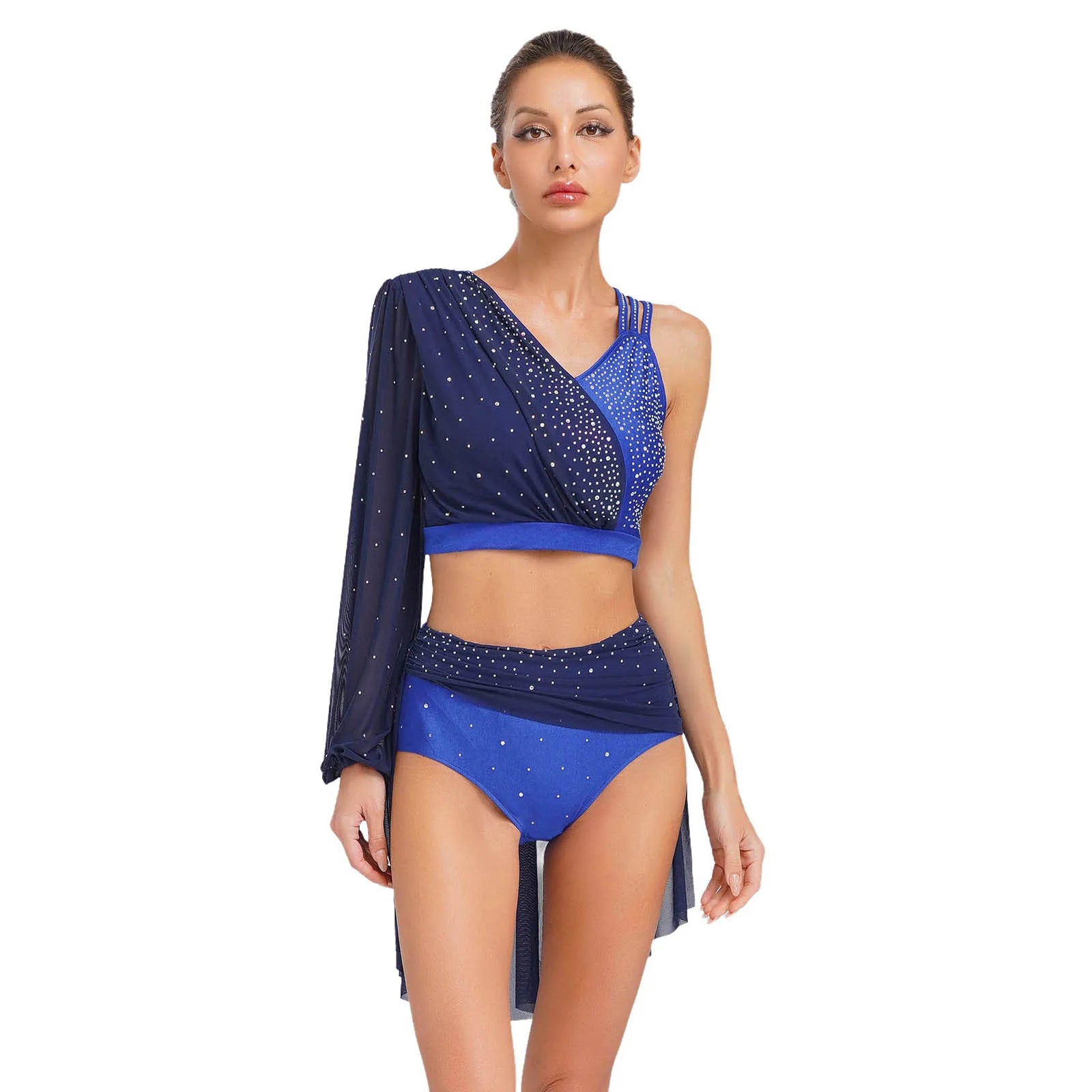 Modern Ballet Dance Set for Women Mesh Top with Skirted Briefs 2 Piece Lyrical Outfits Ballerina Girls Stage Performance Costume