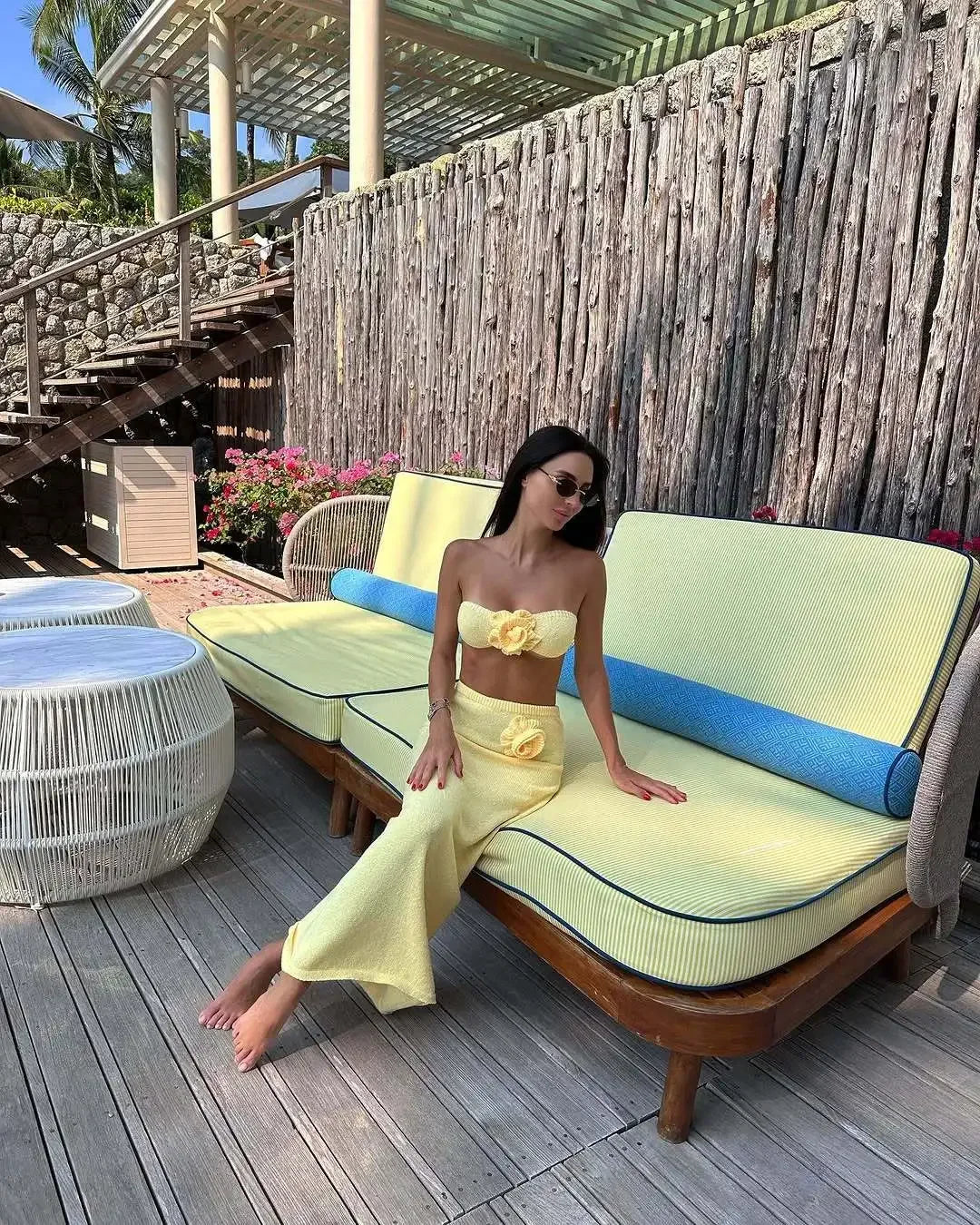 Female Knit 2 Piece-Set Long Skirt Floral Patchwork Tube Tops And High Waist Slim Beach Skirt Sets Knitwear Women Outfits