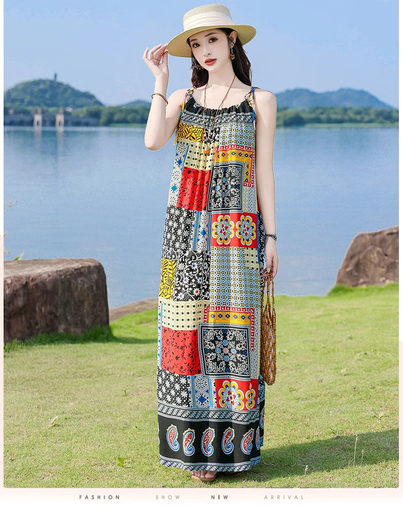 New Fashion Hot Summer Dresses For Women  Casual Flower Print Floral Sleeveless Dress Vintage Dress Loose Women Clothing