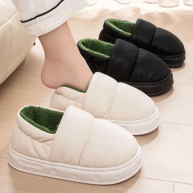 Queeyhome Men Winter Cotton Slippers Waterproof Anti Slip Thick Bottom Shoes Couple Home Plush Cotton Slippers Women Snow boots