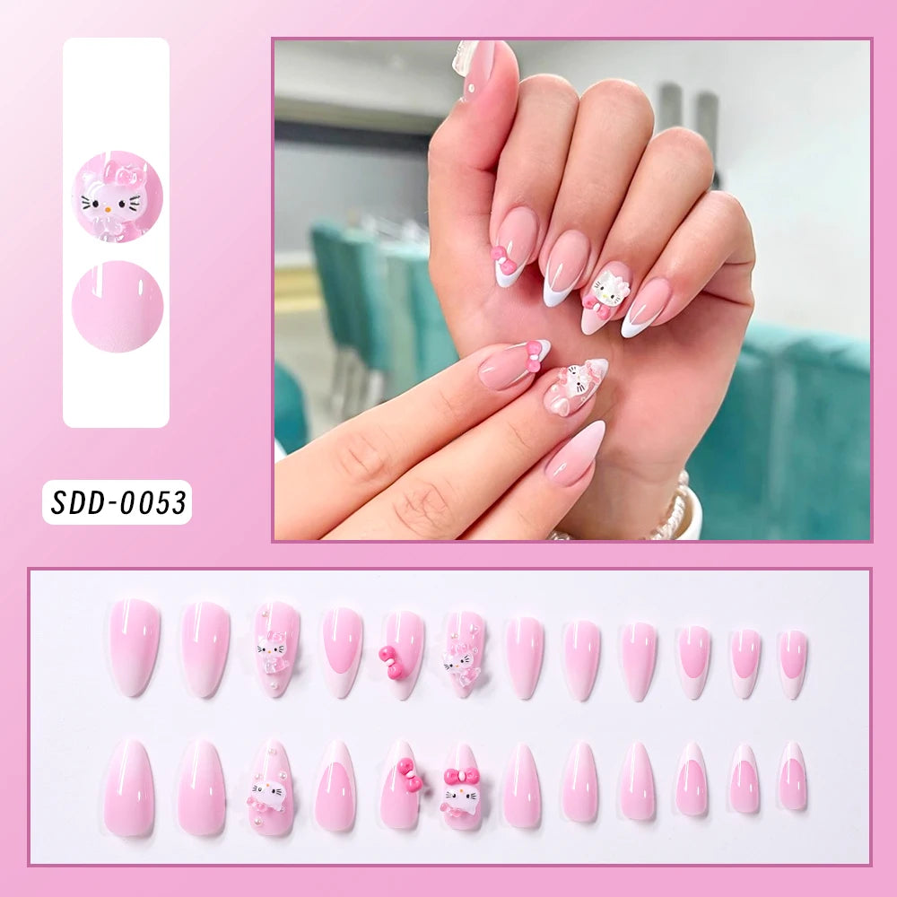 24pcs 3D Hello Kitty Heart Bow False Nails Pink-White French Press on Nails Medium Square Fake Nails for Daily/Party/Gathering *