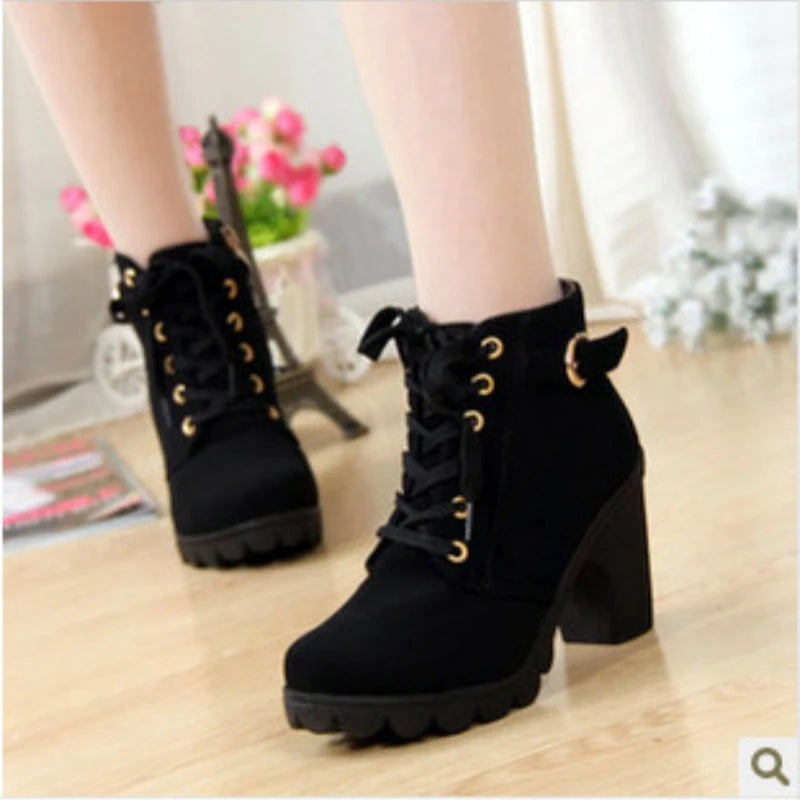 Women’s High Heel Lace-Up Ankle Boots – Fashion Buckle Platform Design