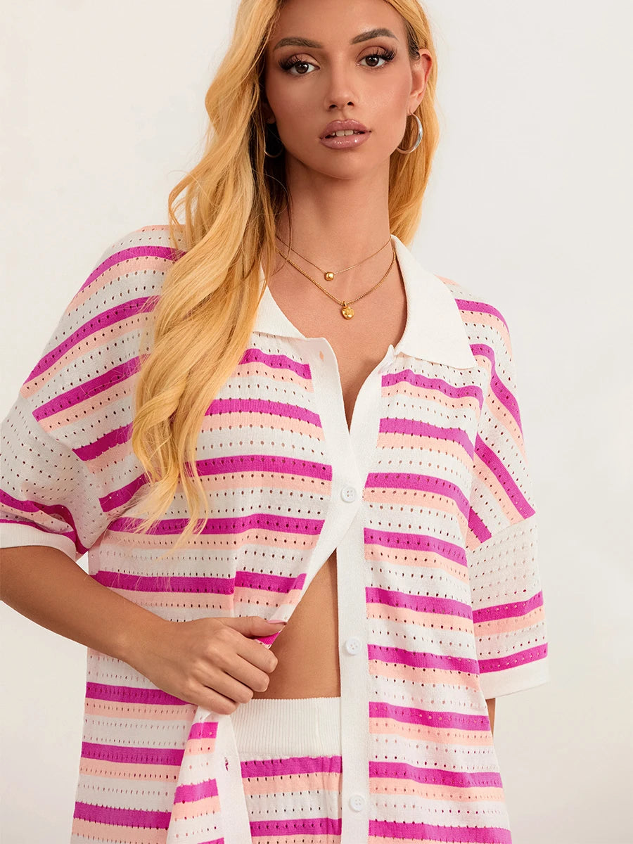 Conjunto de Pijama de Mujer de 2 Piezas Trajes de Salón Verano Rayas Contraste de Color Botón Tops de Punto de Ganchillo y Pantalones Cortos Conjuntos de Salón Playa