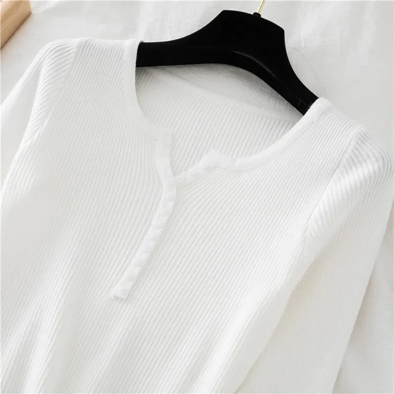 Korea Autumn Winter Button V Neck Sweater Women Basic Slim Pullover Women Sweaters And Pullovers Knit Jumper Soft Warm Tops