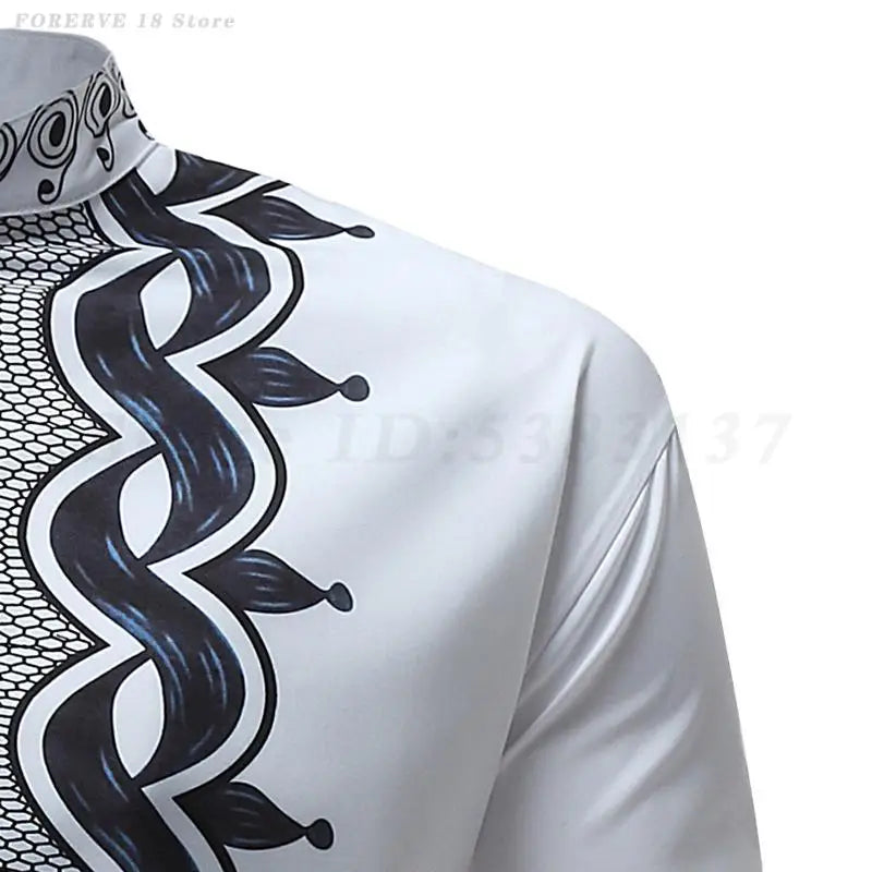 Man African Clothes Fashion Printed Shirts Tops White Long Sleeved Blouse Loose Casual Men's Plus Size 3XL Africa Muslim Dashiki
