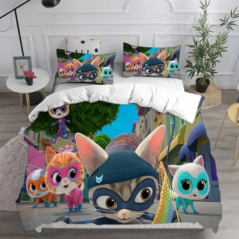 Juego de ropa de cama de Super Kitties Kittydale, juego de accesorios de cama de gato de dibujos animados, juego de funda nórdica para niños, juego de edredón, regalos de cumpleaños