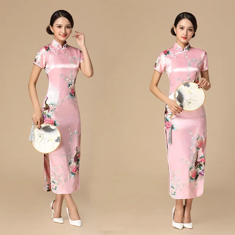Print Satin Qipao Lady Elegant Dresses Sexy Cheongsam Chinese Tradition Style Dress Summer New Long Qipaos Plus Size 4Xl5Xl6Xl