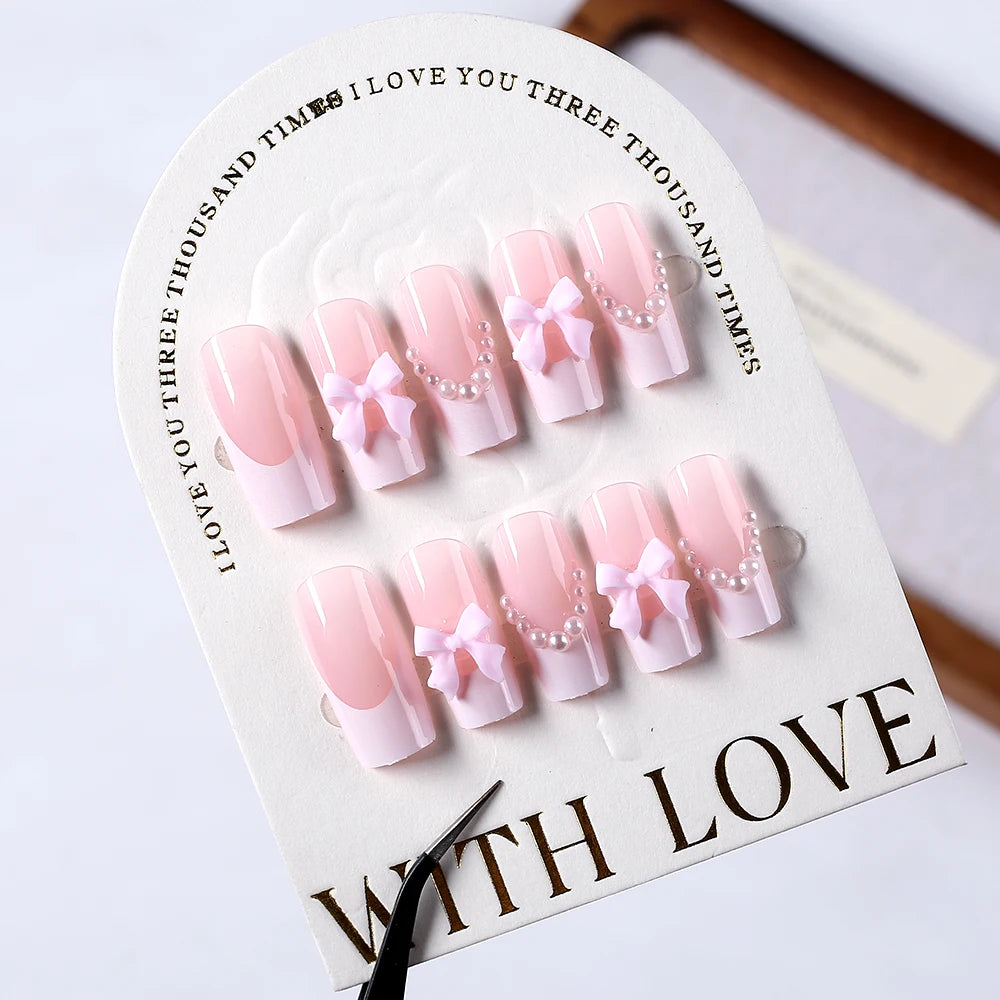 24Pcs 3D Stereo Bow Pearl French False Nails Pink Long Coffin Wearable Ballerina Fake Nails Full Cover Acrylic Press on Nail Tip