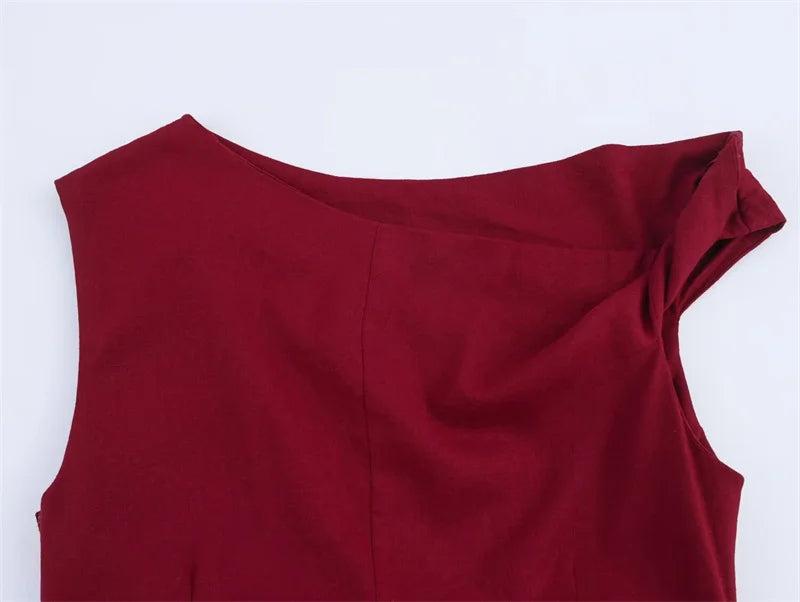 Women's New Dress Summer Red Linen Blend Pleated Midi Dress Irregular Collar Design Sexy Fashion Sense of Luxury