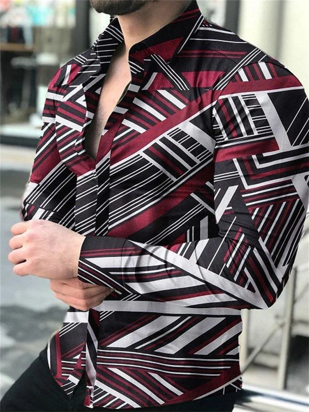 Luxury men's social shirt lapel single-breasted 3D plaid print long-sleeved designer clothing casual street white shirt