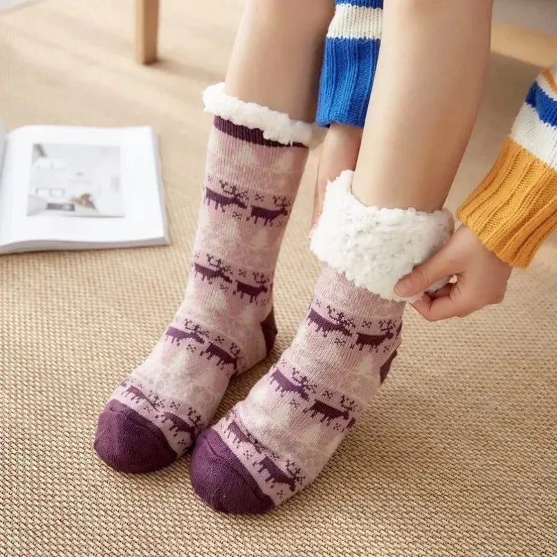 Fuzzy Thermal Sock Women Winter Warm Funny Bear Sheep Cute Kawaii Non Slip Cartoon Sleeping Soft Comfy Female Floor Slipper Sock