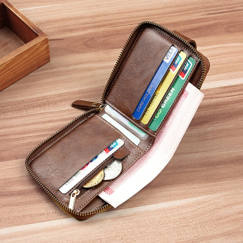 Vintage Men Wallet Short Purse Hasp Zipper Card Case Purse Solid Color PU Leather High Quality Durable  Wallet Convenient Male