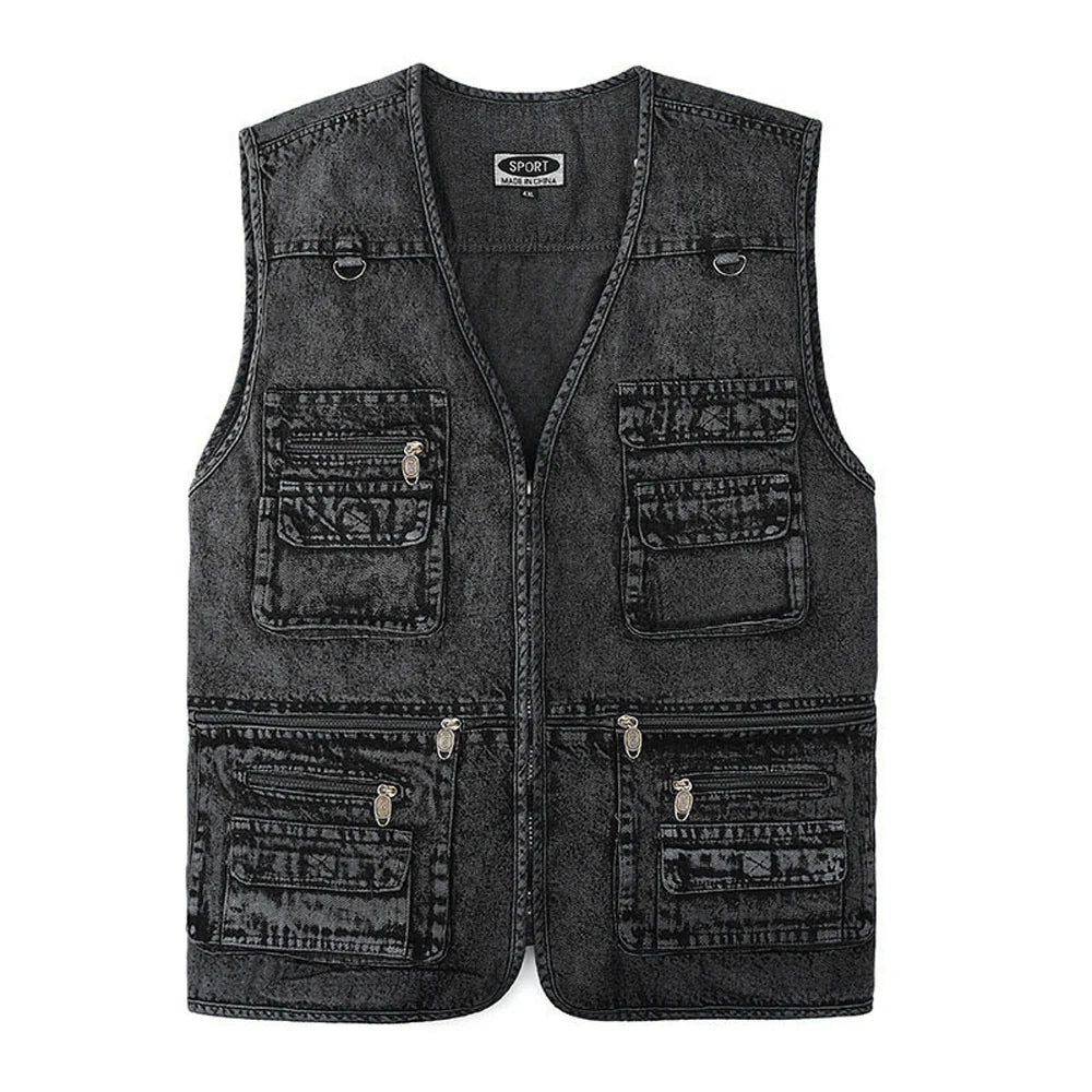 Men's Vest Coat Dark Bluemulti-pocket V-neck Fishing Sleeveless Coat Truck Driver Bicycle Denim Jacket Mountaineering Vest