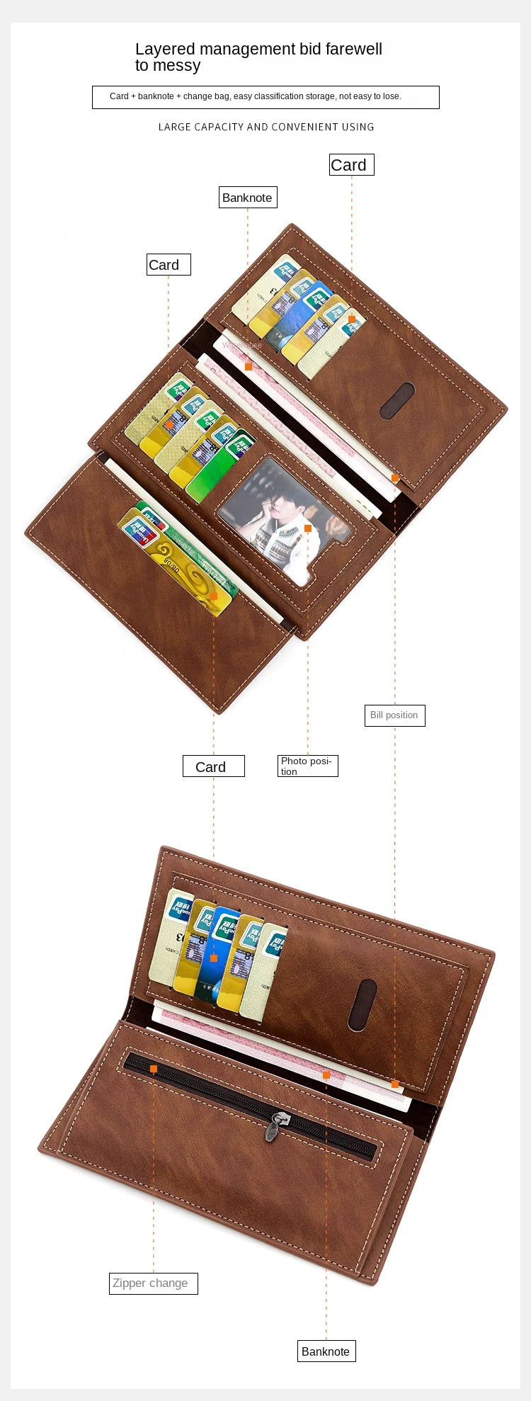 Fashion Business Retro Simple Men's Long Wallet Multi Card Holder Large Capacity Plus Wrap Long Wallet Daily Commuter Wallet