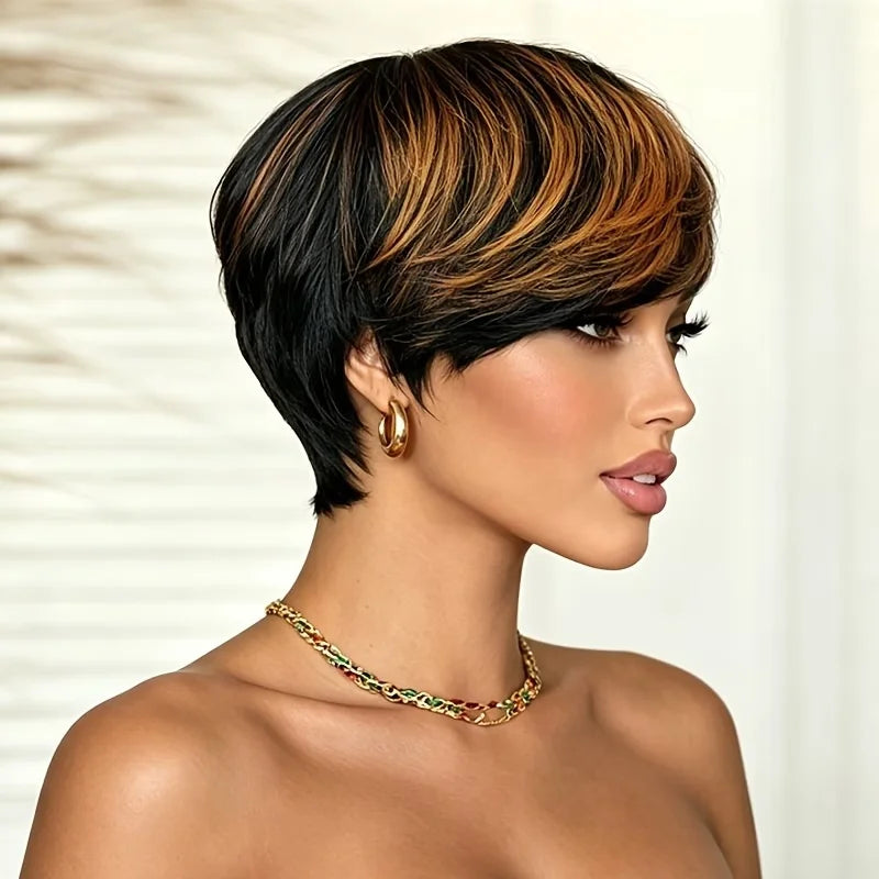 Straight Human Hair Wig Pixie Cut Human Hair Wig With Bangs Full Machine Made Wig Ombre Colored Wig