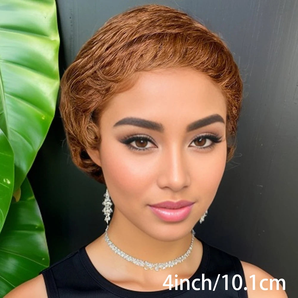 Human Hair Wig Short Pixie Cut Wig Human Hair Natural Color Brown 99J Wig with Bangs