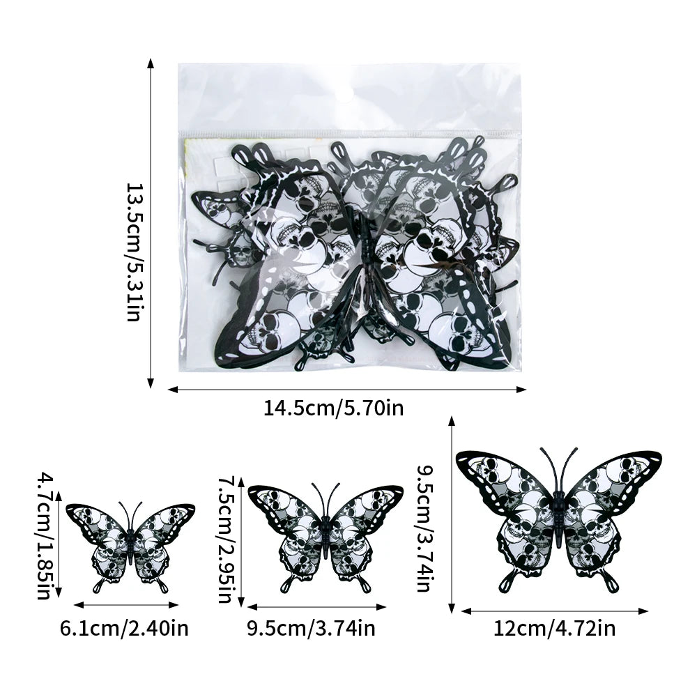 12pcs Halloween Skull Butterfly Bat Sticker 3D Double-Layer Wall Decals Haunted House Scary Prop Halloween Party Home Decoration