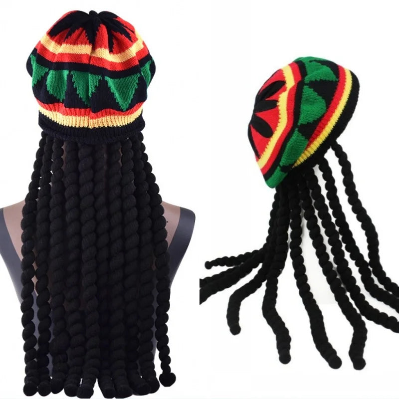 Unisex Synthetic Wig Knit Braid Hat Jamaican Bob Rasta Beanie Cap Dreadlocks Wig Bob Marley Caribbean Hip Hop Cosplay Headwear
