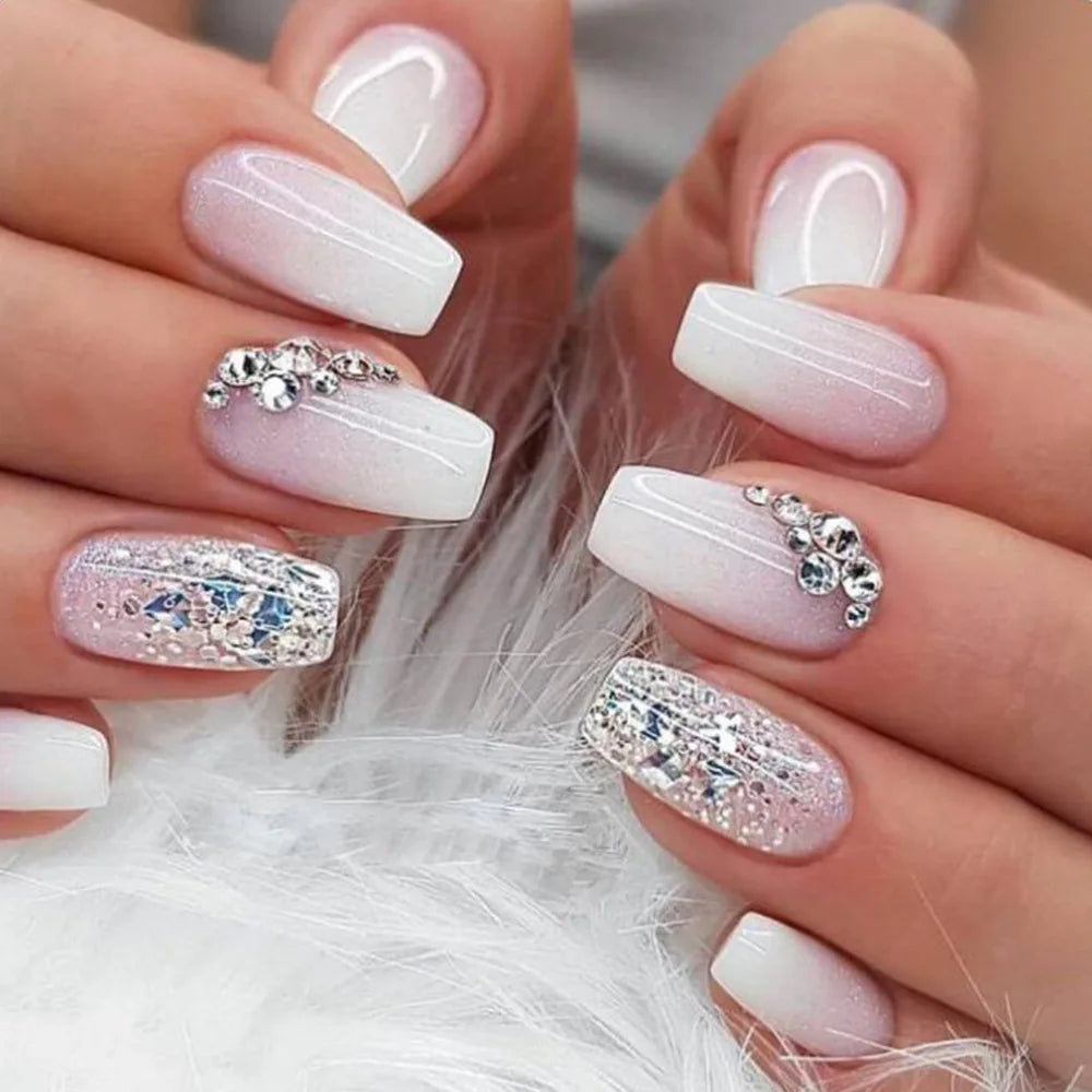 24Pcs Simple Fake Nail with Broken Diamond Short Square Press on False Nails Gradient White Wearable Ballet Full Cover Nail Tip