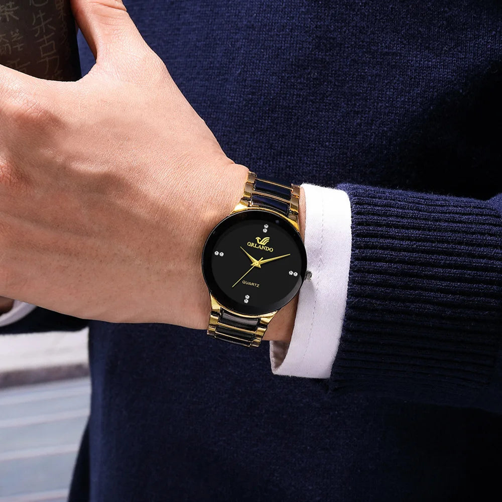 ORLANDO Hombres Lujo Relojes Recién Llegados Genial Negro Oro Cuarzo Acero Reloj de Pulsera Exquisito Masculino Relogio Moda Reloj
