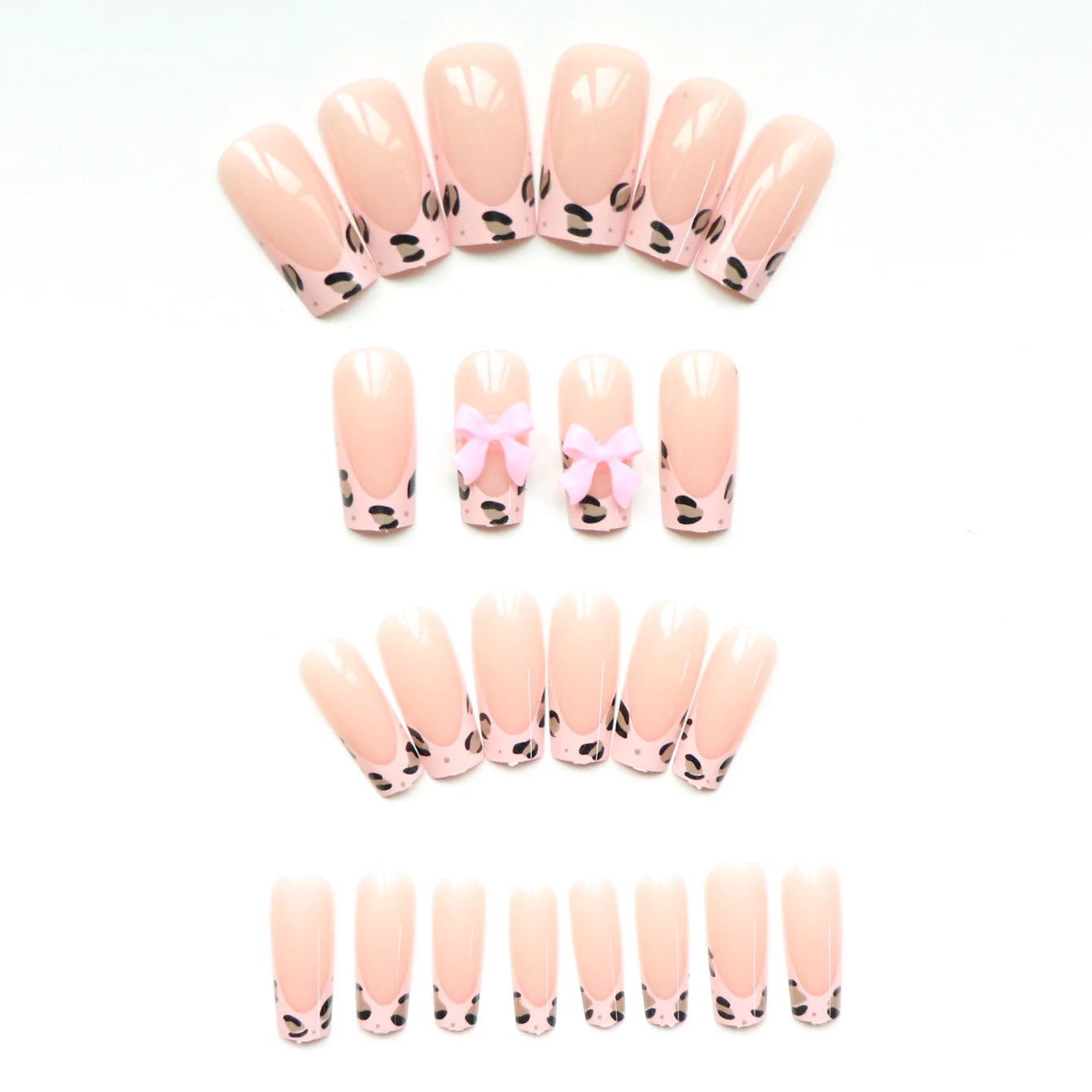 24pcs Upgrade Your Look With Pink leopard print bow full coverage false nail set 1pc Nail File & 1Nail Glue Sticker Kit Nails