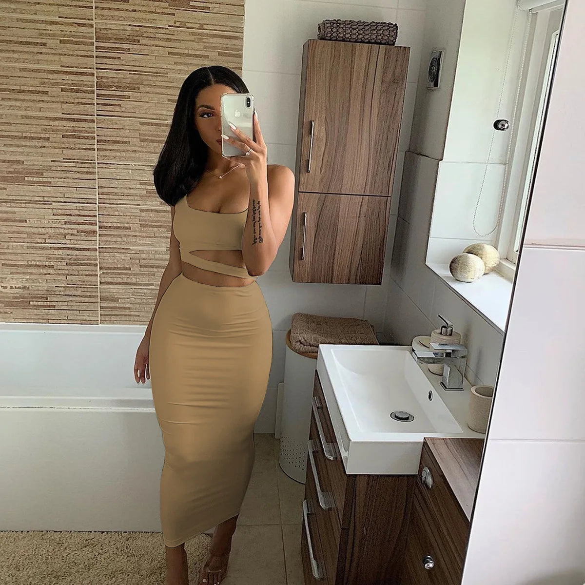Summer New Women's Skirts Sets Strapless Cutout Crop Top+High Waist Stretch Tight Skirt Sets Fashion Lady Sexy Two-Piece Outfits