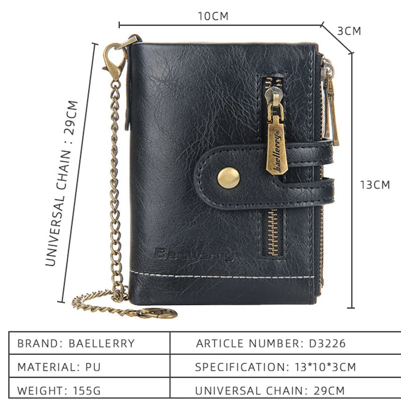 Men's Luxury PU Leather Wallet - Short Chain Design Card Holder, Classic Retro Purse (High Quality Brand)