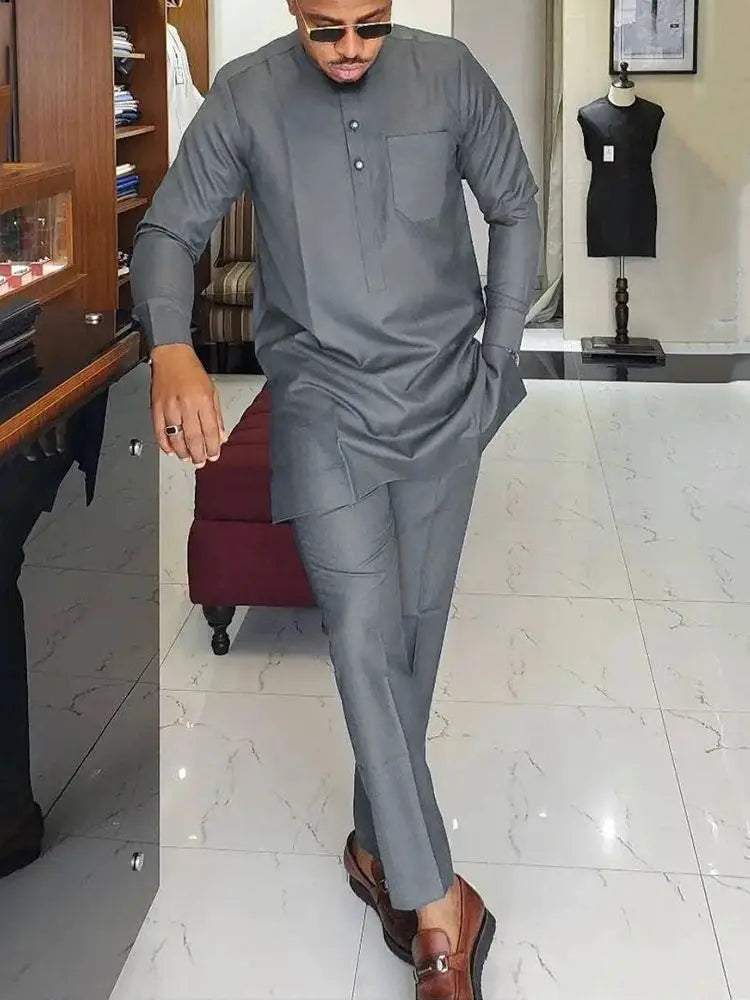 Summer Men's Sets Clothes Outfit Kaftan Luxury Long Sleeved Top Pants 2-piece Man Suit African Ethnic Traditional Male Clothing