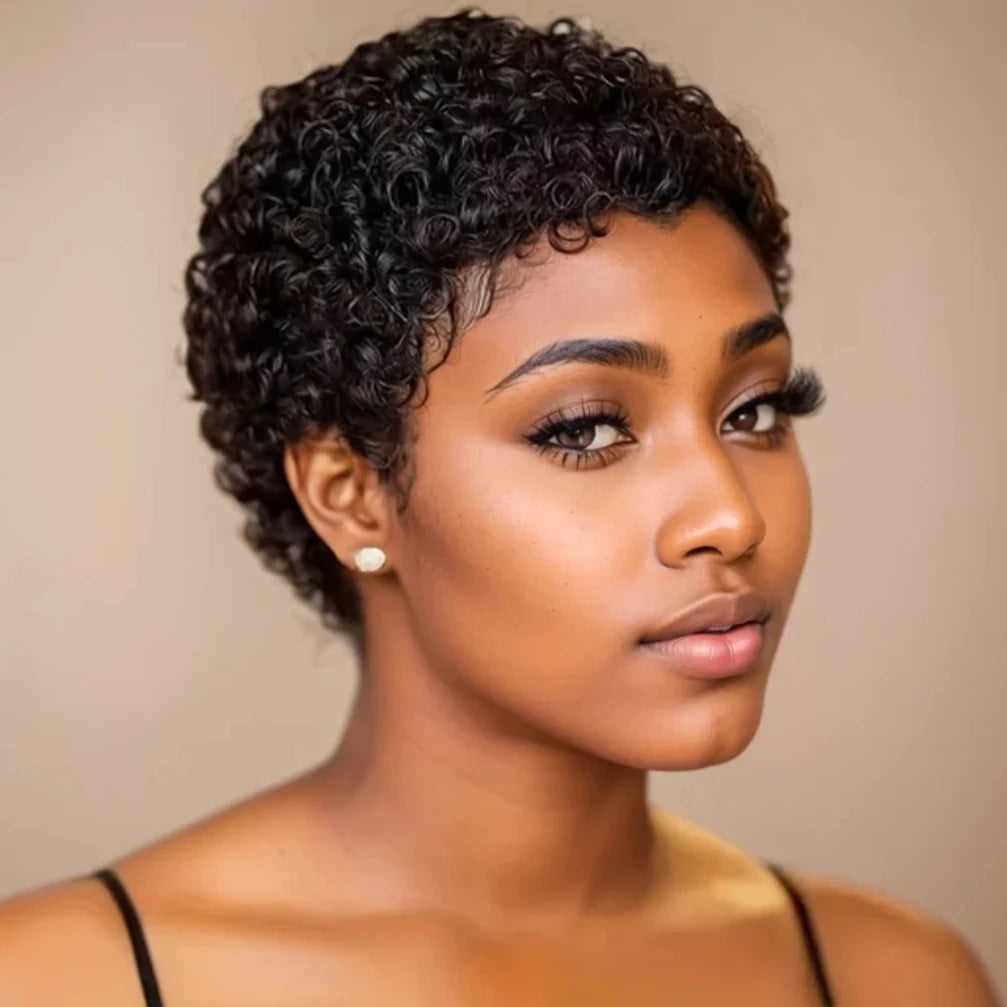 150% Density 4Inch Full Machine Made Wig Short Afro Curly Human Hair Wig Afro Short Wigs for Women Pixie Cut Wig Human Hair