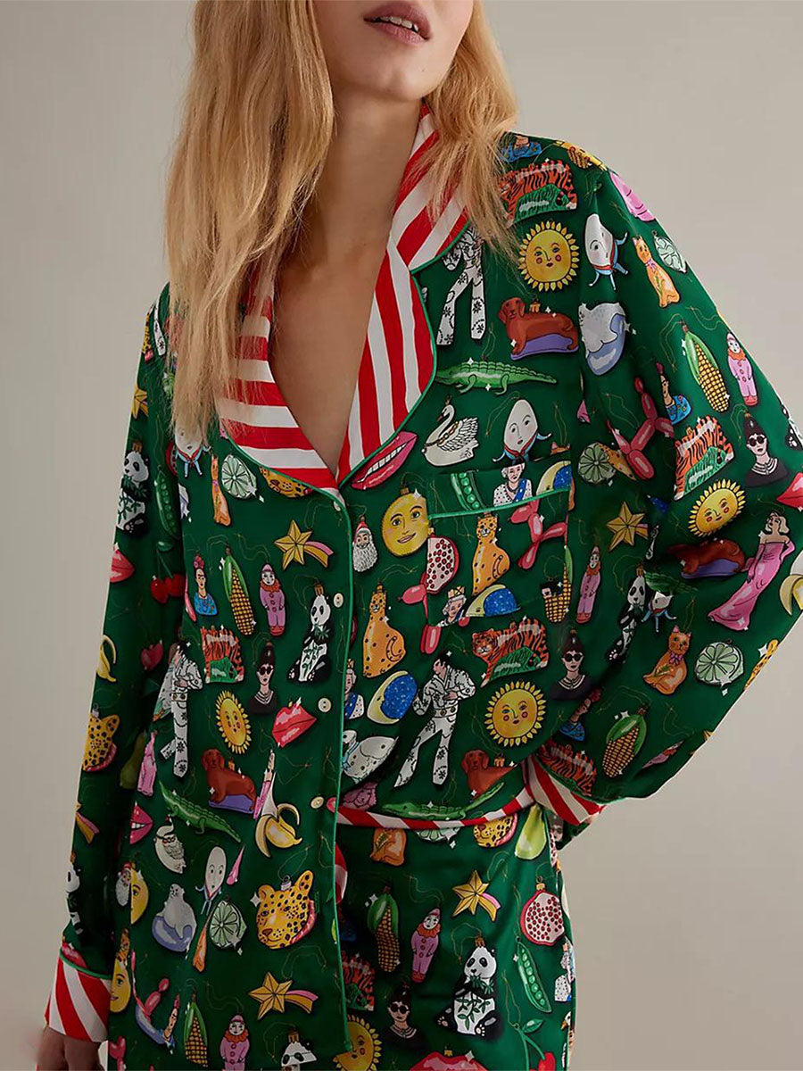 Women Pajama Set Food Animal Print Long Sleeve Button Closure Tops with Pants Sleepwear Loungewear