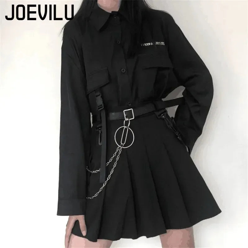 Gothic Skirt Set Long Sleeve Shirt Pleated Skirt 2 Piece Sets Women's Dark Clothes Korean Retro Casual Outfit Fashion Y2k Suit