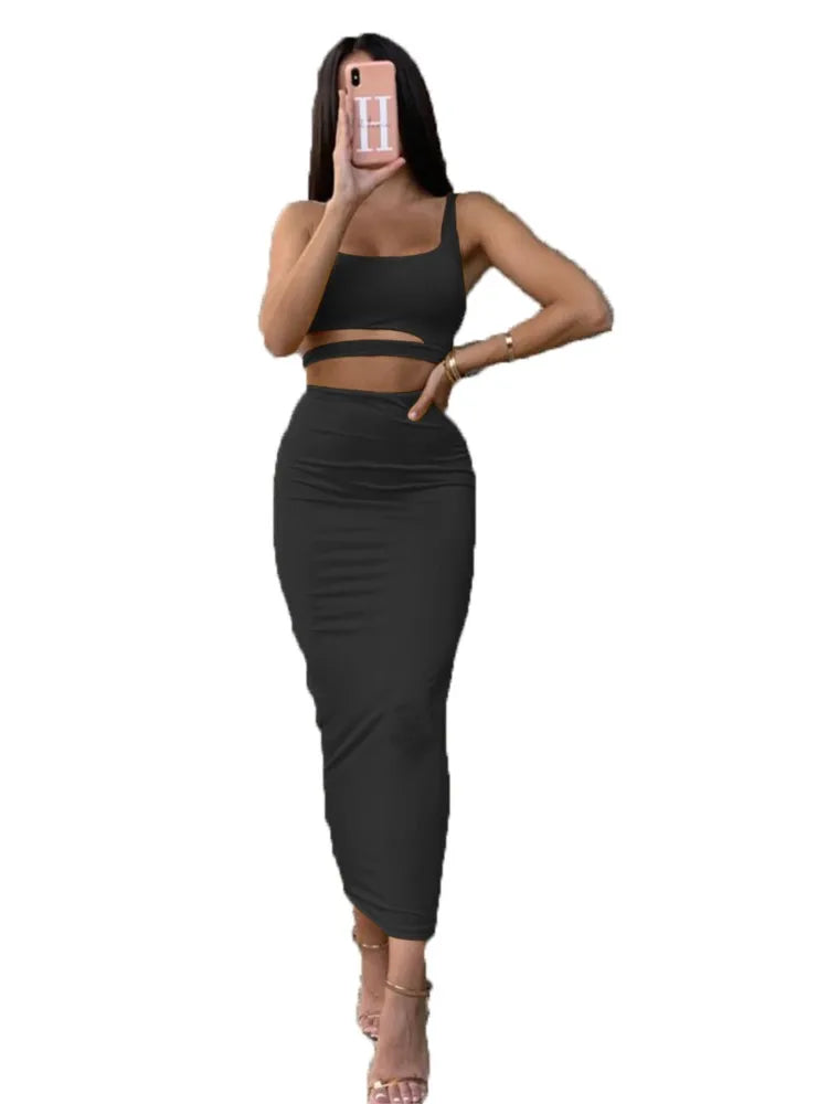 Summer New Women's Skirts Sets Strapless Cutout Crop Top+High Waist Stretch Tight Skirt Sets Fashion Lady Sexy Two-Piece Outfits
