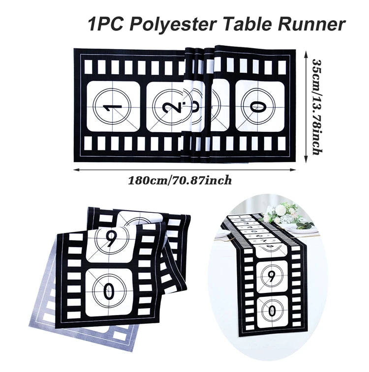 Camino de Mesa para Noche de Cine de 12 X 72 Pulgadas, Estampado de Tira de Película, Decoración de Carrete de Cine, Decoraciones de Manteles Temáticos de Cine