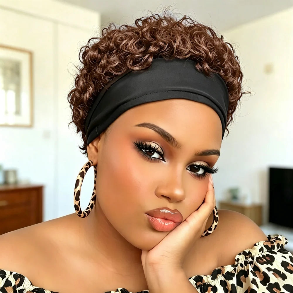 Short Curly Headband Wig Human Hair, Curly Half Wig, full machine made wig Human Hair Headband Wigs for Women