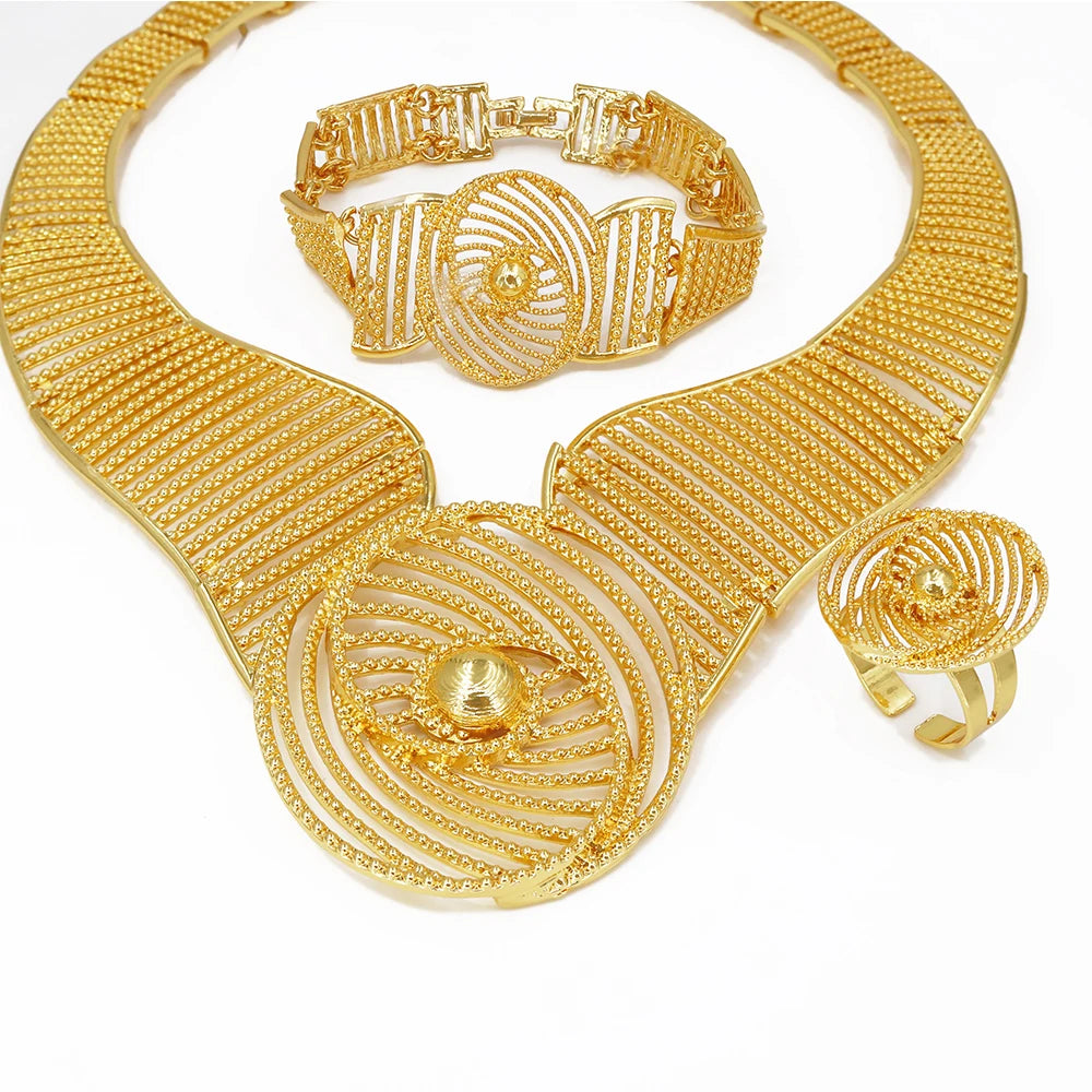 African Wedding Jewelry Set Exaggerated Design Necklace Bracelet Earring Rings For Women Fashion Party Gift 18K Gold Plated