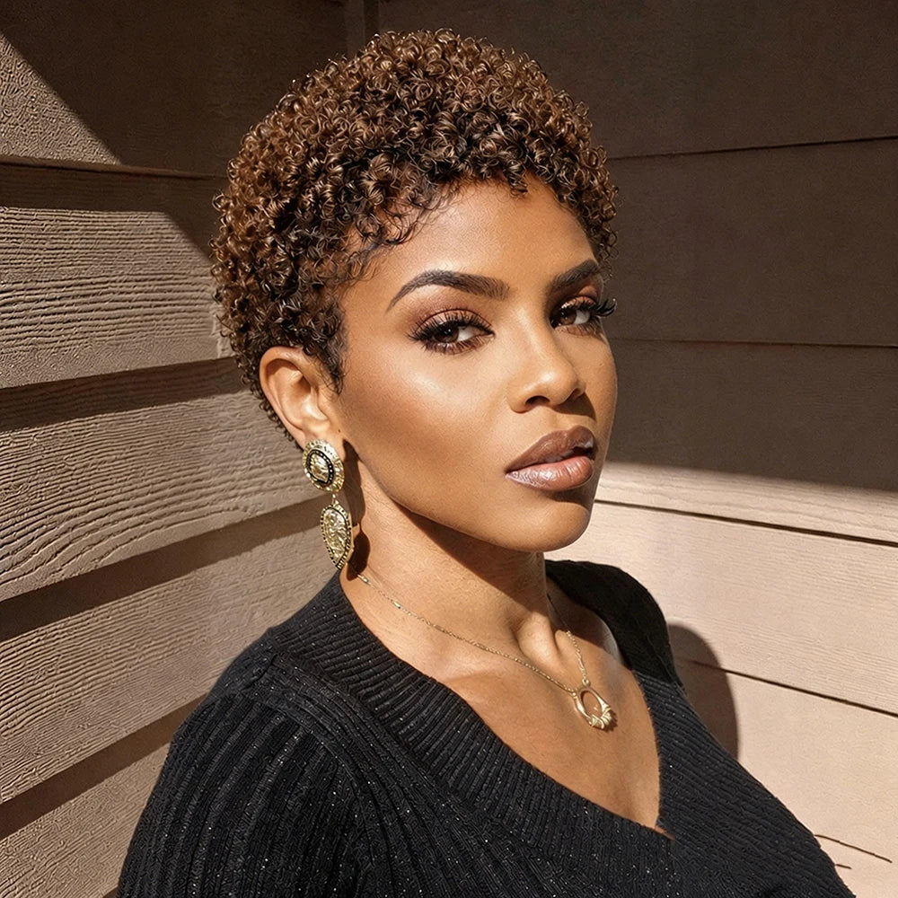 Afro Short Kinky Curly Wig Pixie Cut Wigs Human Hair for Black Women Bazilian Hair Machine Made Cap Natural Black/Burgundy/Brown